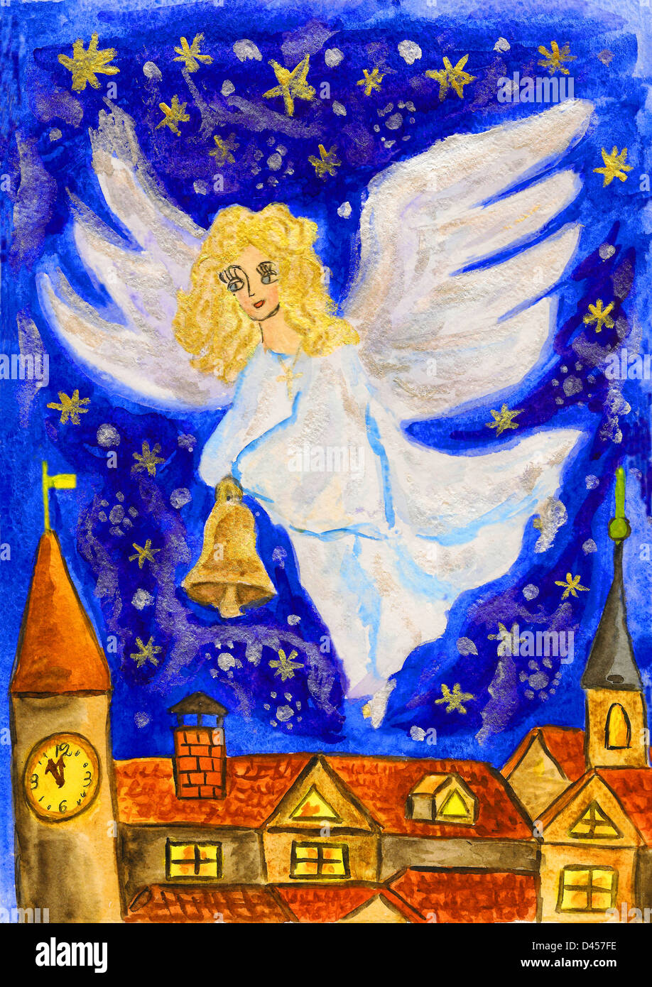 Hand Painted Christmas Picture, Angel With Christmas Bell, Watercolours ...