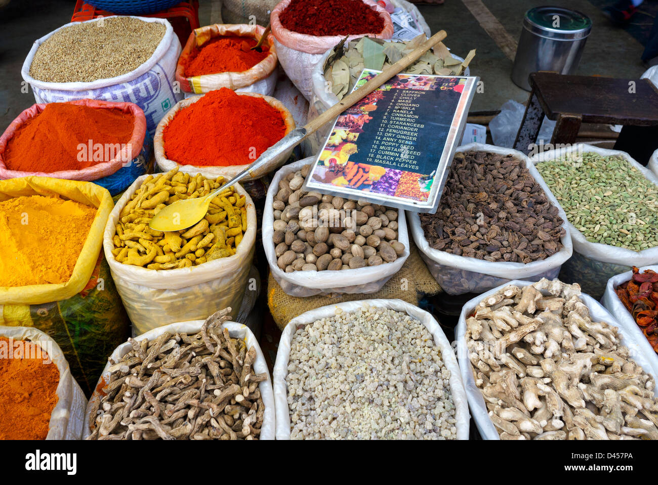 Indian Spices for sale at the Friday Market in Mapusa, Goa, India Stock Photo