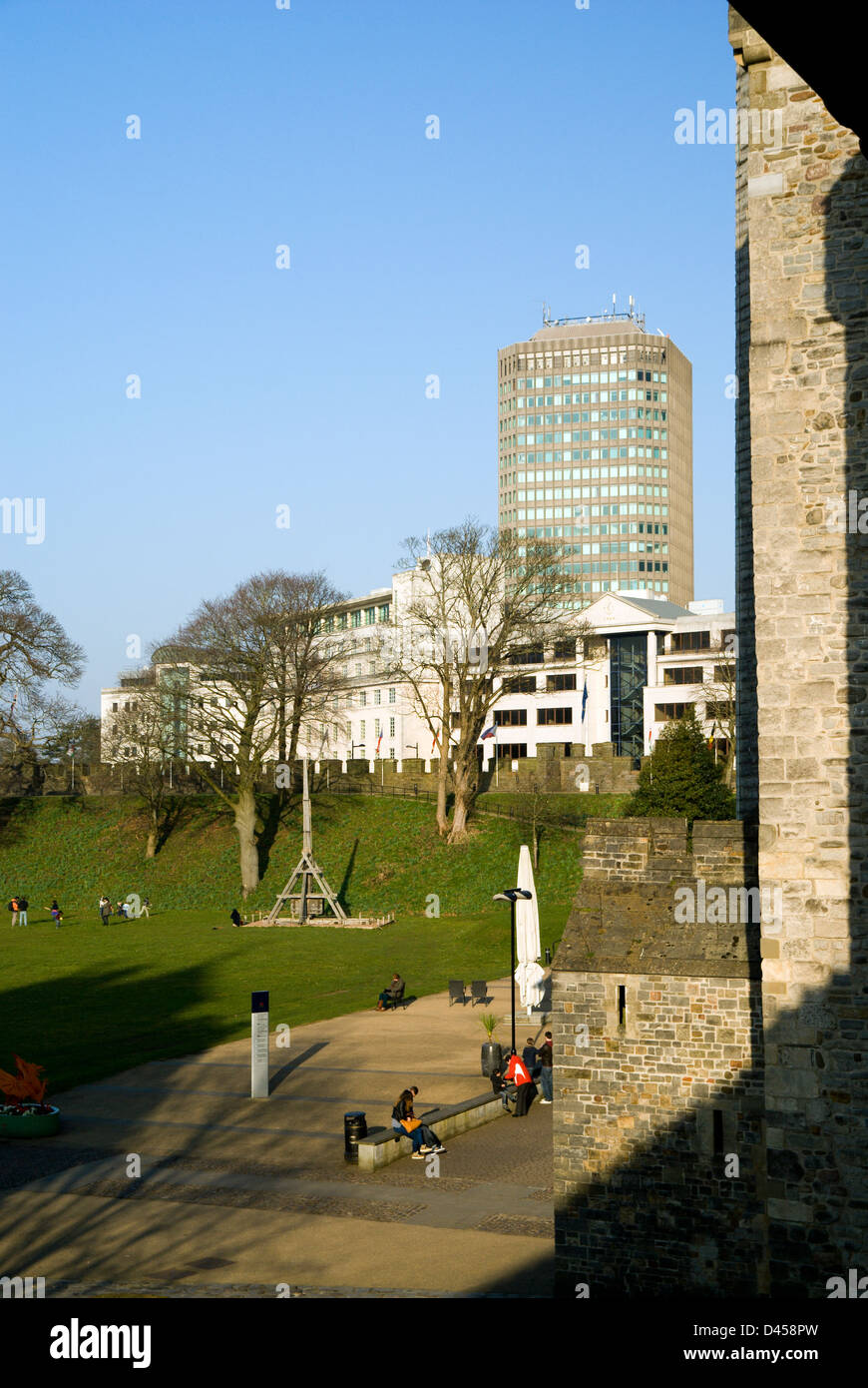 view of cardiff and pearl assurance building from inside thae castle wales. Stock Photo
