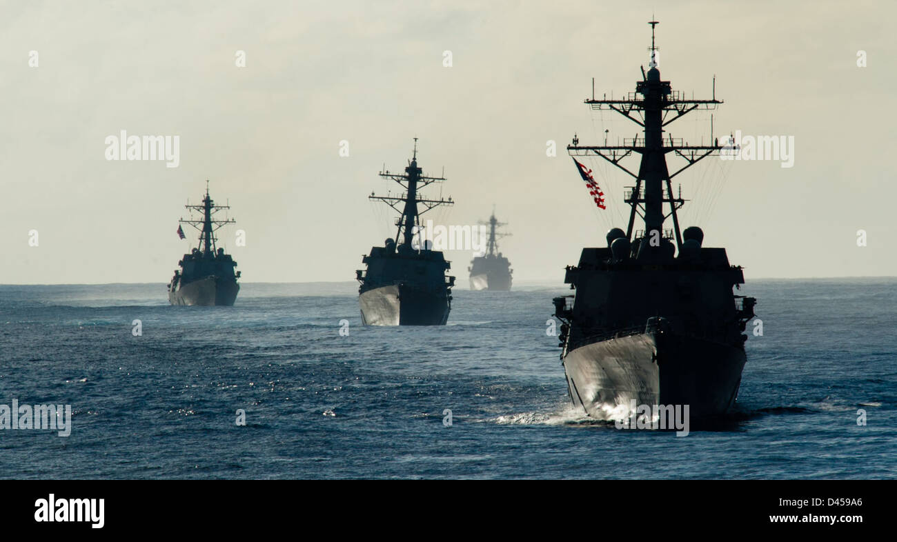 The Arleigh Burke-class guided-missile destroyers USS Kidd, USS Dewey, USS Pinckney, USS Wayne E. Meyer and the Ticonderoga-class guided-missile cruiser USS Mobile Bay. Stock Photo