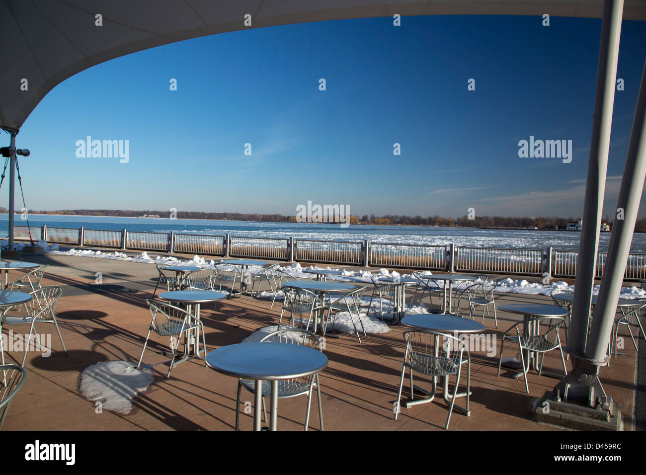 Detroit, Michigan Tables and chairs in Gabriel Richard Plaza beside