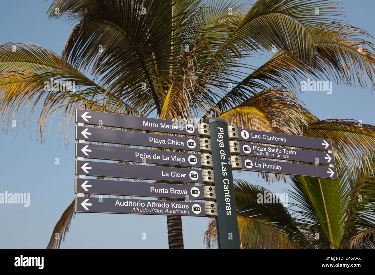 Signs for tourists at Playa de las Canteras beach Las Palmas de Gran Canaria city Gran Canaria island the Canary Islands Spain Stock Photo