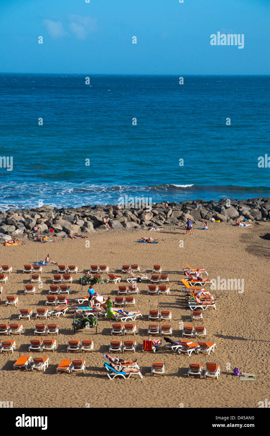 Beach in front of Paseo Costa Canaria seaside promenade Playa del Ingles resort Gran Canaria island the Canary Islands Spain Stock Photo