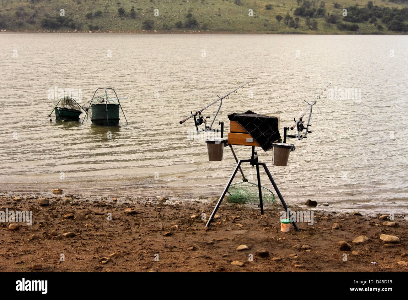 Fresh Water Fishermans Gear Set Up at Dam Stock Photo - Alamy