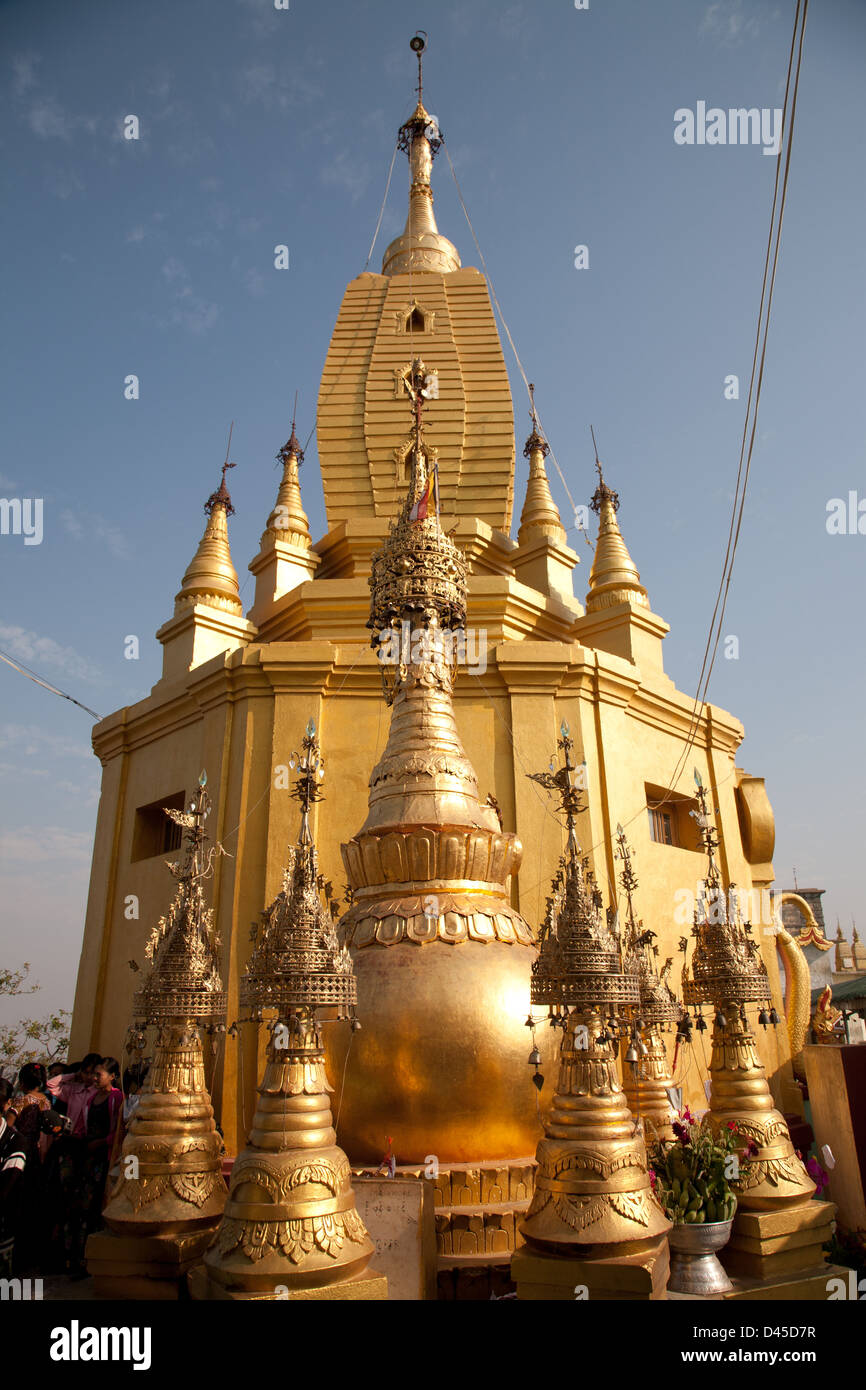 Shrines and stupas on top Mt Poppa Burma Myanmar Stock Photo