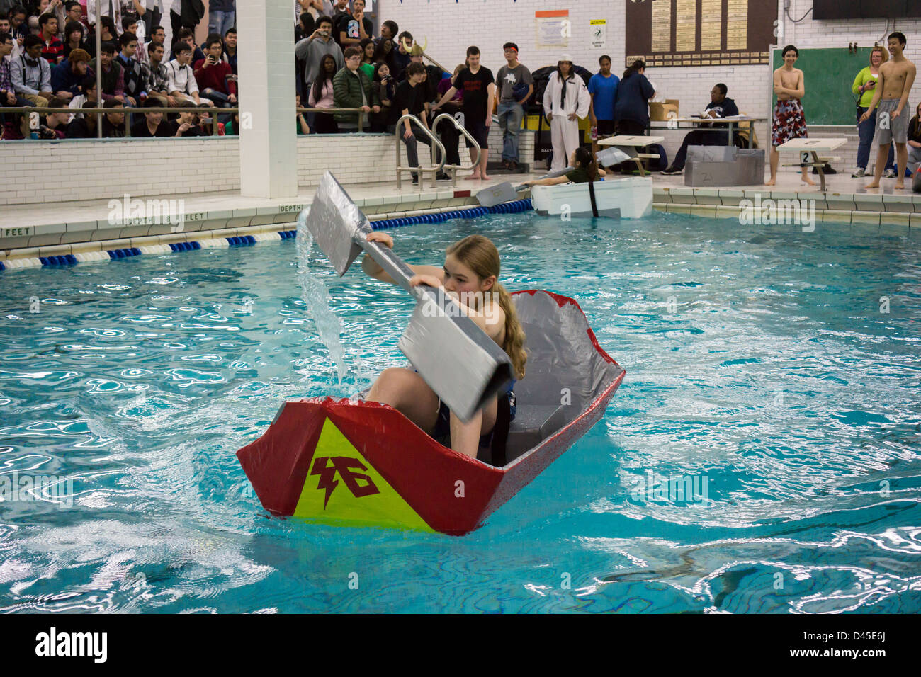 Brooklyn Technical High School's Cardboard Boat Regatta in the school's  pool in Brooklyn in New York Stock Photo - Alamy