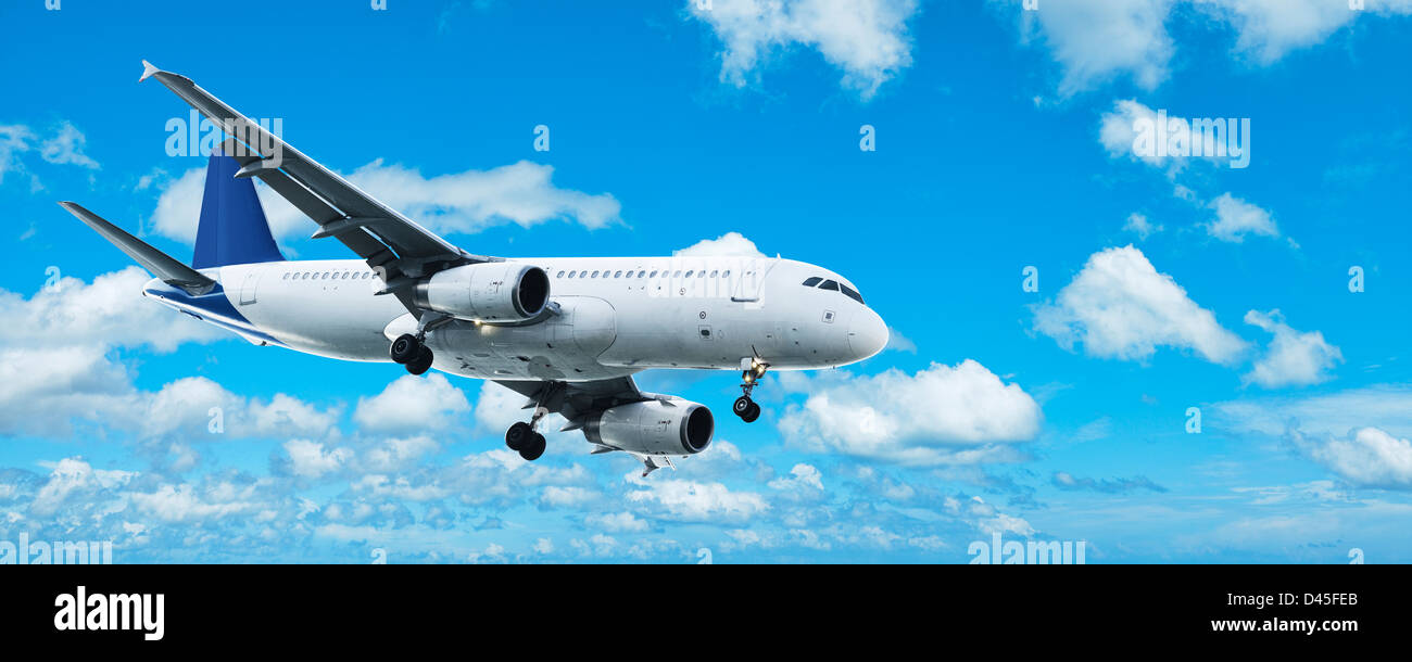 Jet plane in a blue cloudy sky. Panoramic composition. Stock Photo