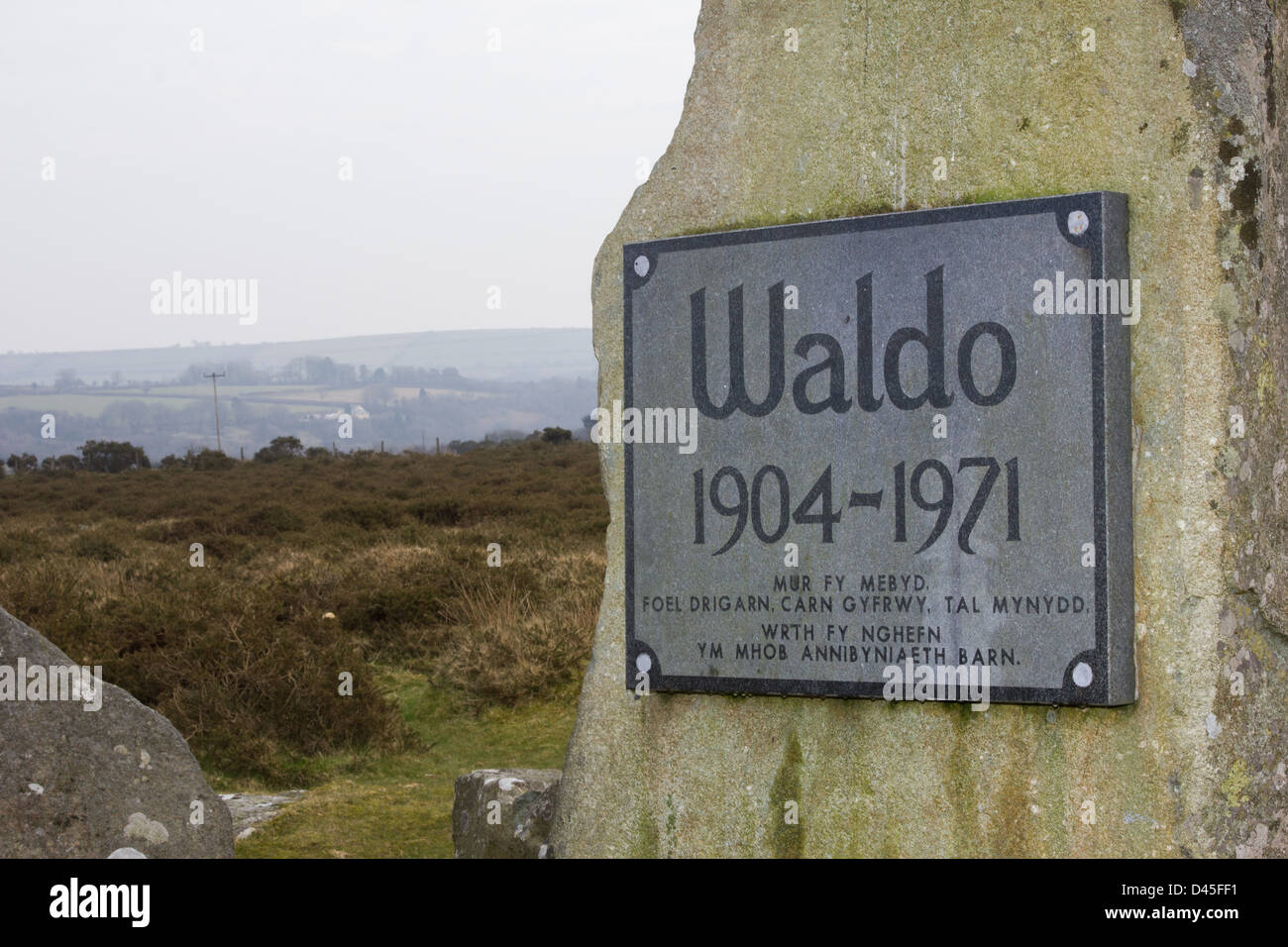 Waldo Williams, Welsh poet and pacifist, memorial stone on the Preselau (Preseli) hills. Stock Photo