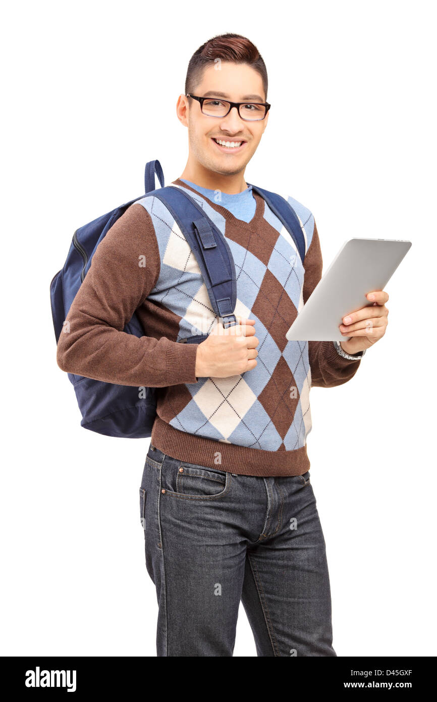 Smiling male student with backpack holding a tablet isolated against ...