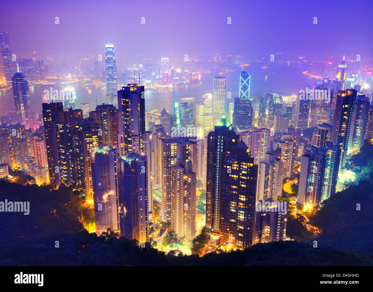 Night view of Hong Kong, China from Victoria Harbor. Stock Photo