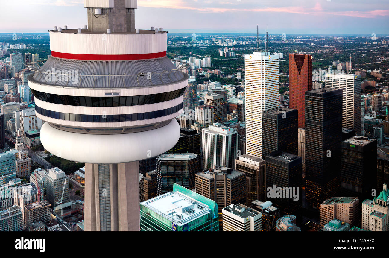 Aerial view of a CN tower in front of Toronto downtown sity scenry at dusk, Ontario, Canada Stock Photo