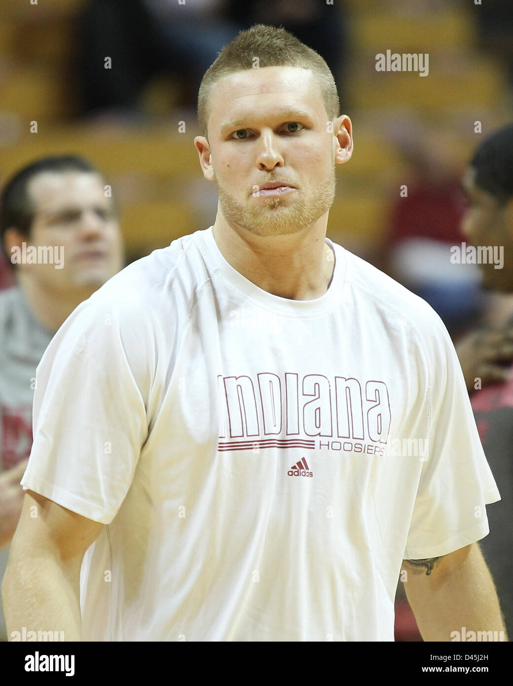 Bloomington, Indiana, USA. 5th March, 2013. Indiana Hoosiers forward Derek Elston (32) warms up before an NCAA basketball game between Ohio State University and Indiana University at Assembly Hall in Bloomington, Indiana. Stock Photo