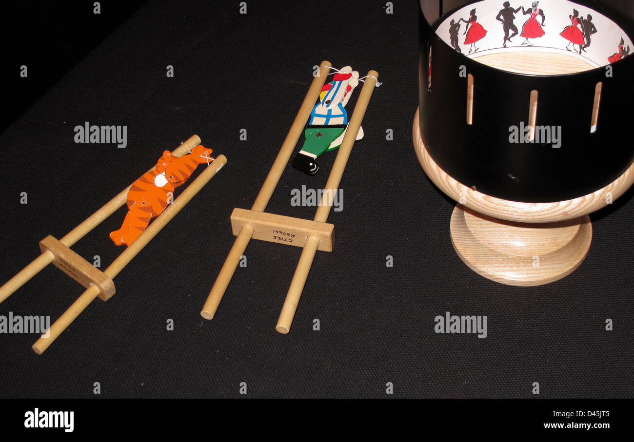 Victorian reproduction toys including zoetrope and tumbling figures Stock Photo