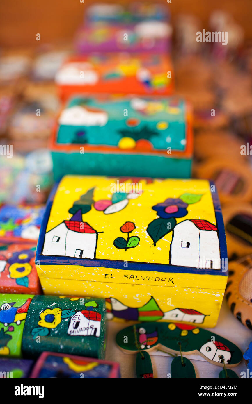 Brightly painted small boxes for jewelry  on display at a store selling souvenirs and trinkets from El Salvador, in Suchitoto Stock Photo