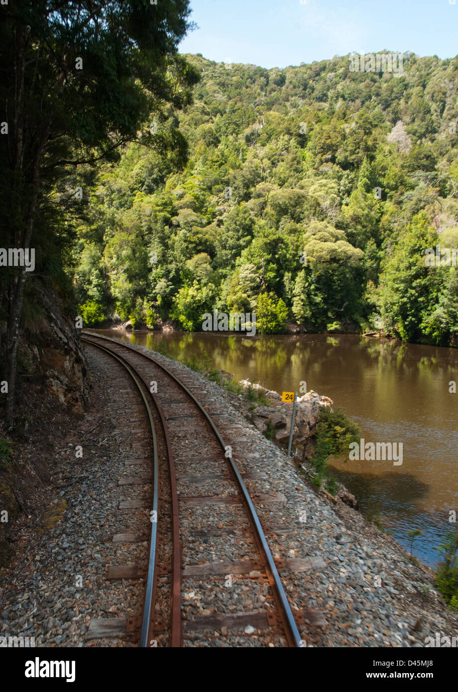 West Coast Wilderness Railway (Abt Railway) following the King River in western Tasmania Stock Photo