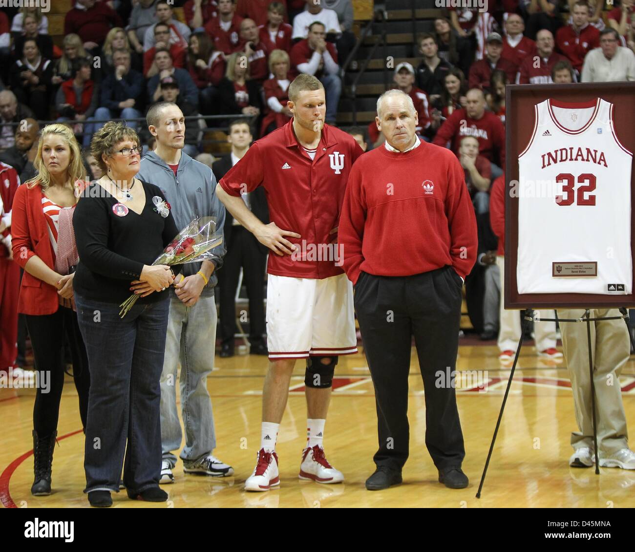 March 6, 2013 - Bloomington, Indiana, USA - March 05, 2013: Indiana Hoosiers forward Derek Elston (32) stands with his family during senior night during an NCAA basketball game between Ohio State University and Indiana University at Assembly Hall in Bloomington, Indiana. Ohio State upset #2 Indiana 67-58. Stock Photo
