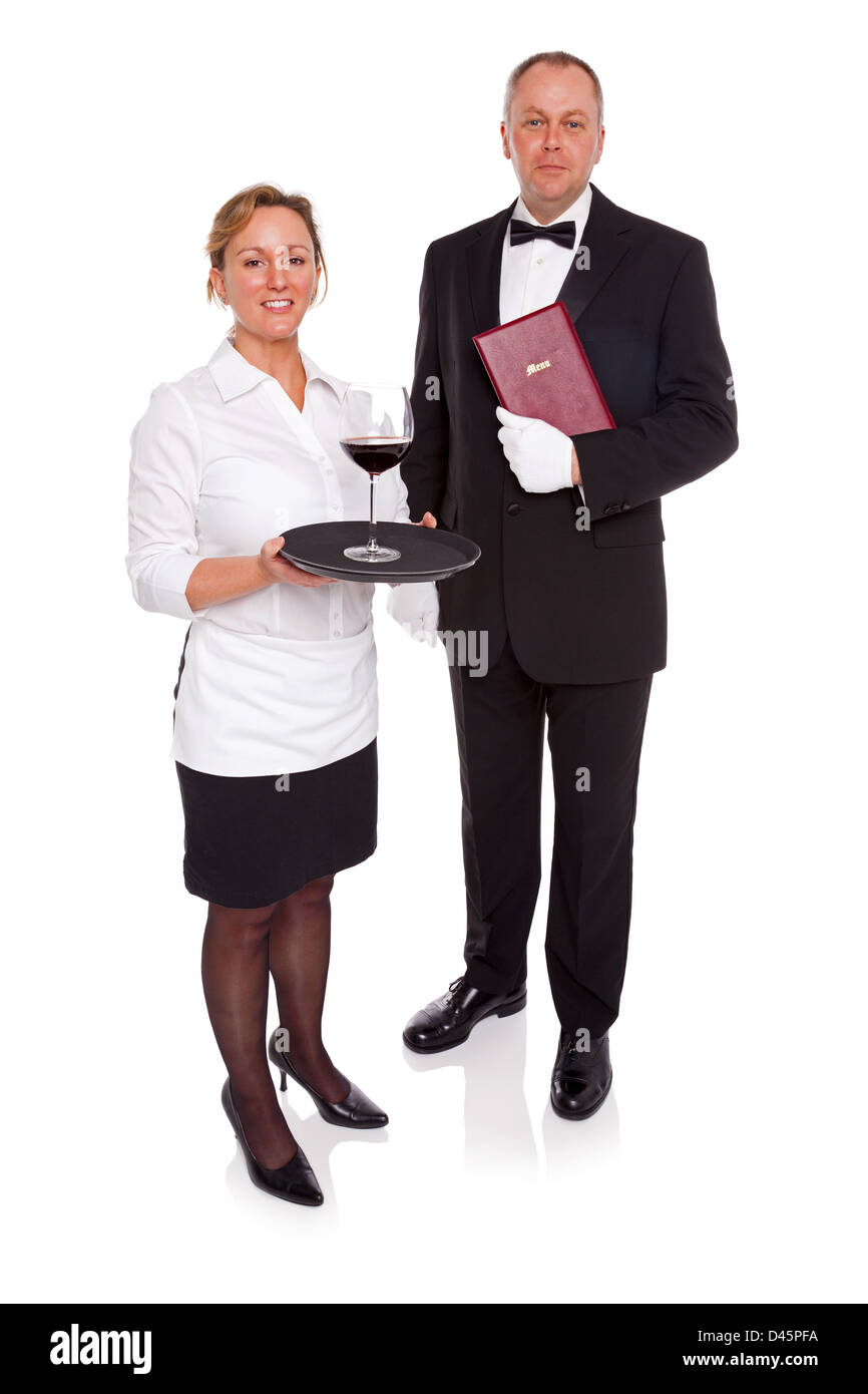 Waitress and Maitre D' isolated on a white background. Stock Photo