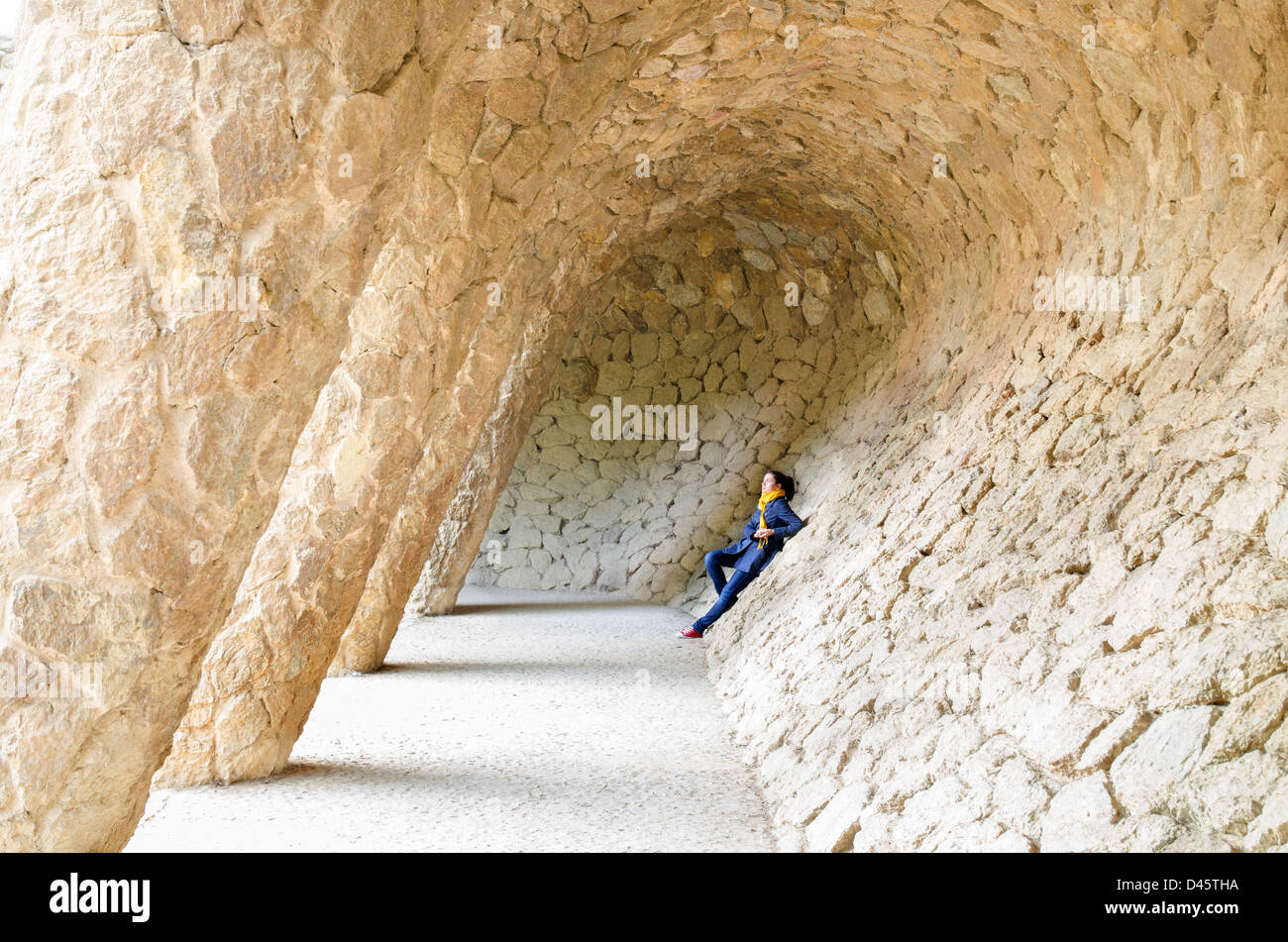 A young woman in Guell park in Barcelona Stock Photo