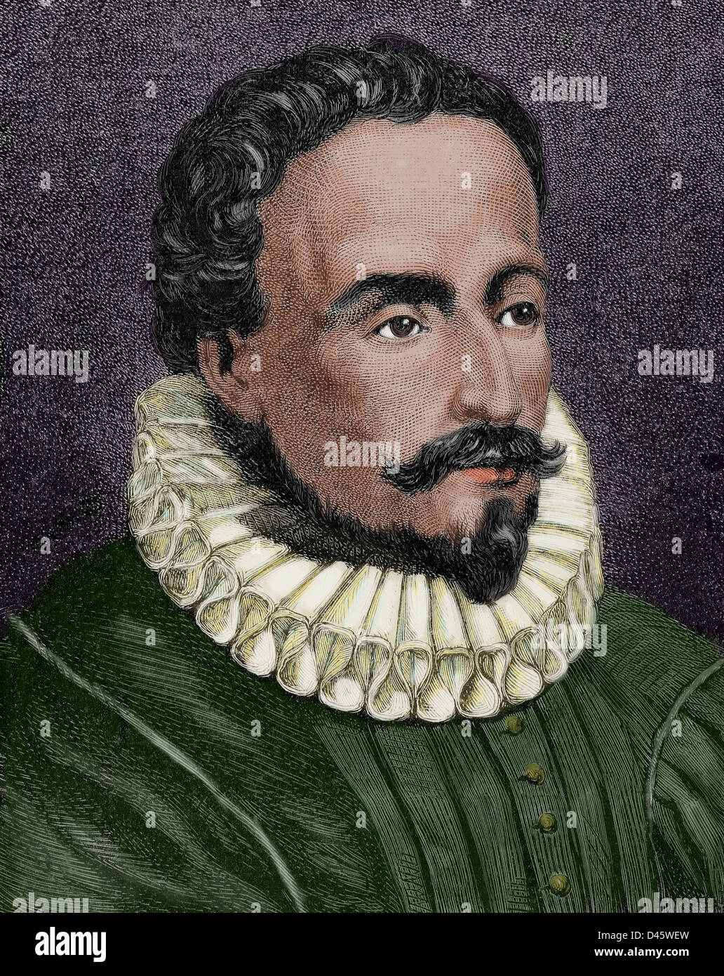 Miguel de Cervantes (1547-1616). Spanish writer. Engraving by Capuz in The Spanish and American Illustration, 1872. Colored. Stock Photo