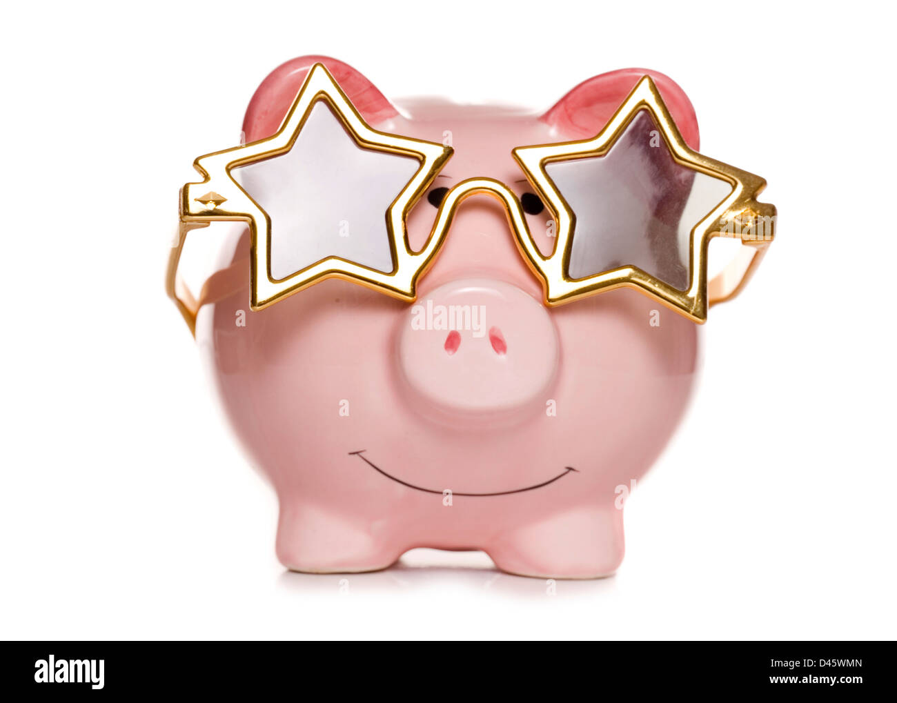 piggy bank with star sun glasses studio cutout Stock Photo