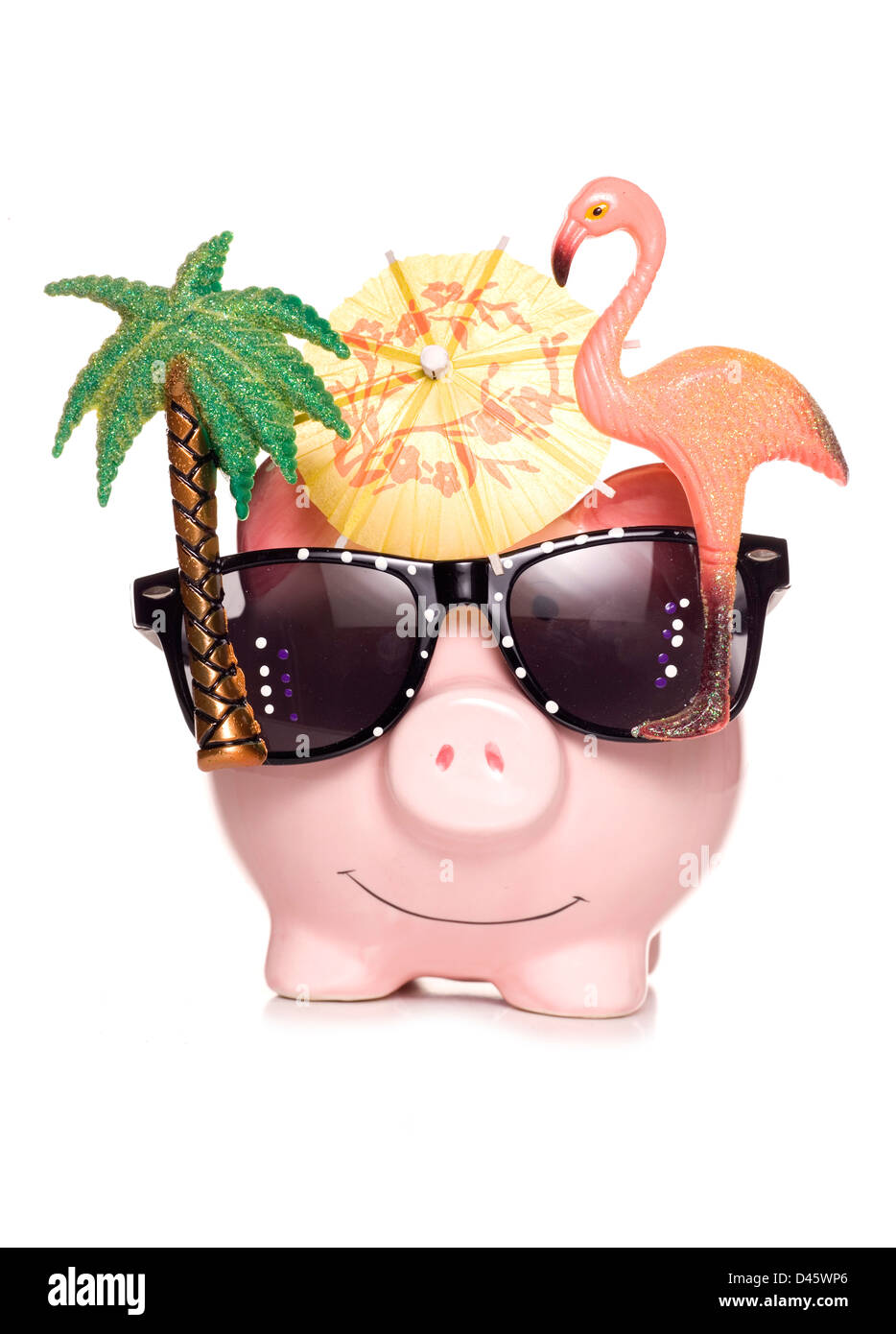 piggy bank with holiday sun glasses studio cutout Stock Photo