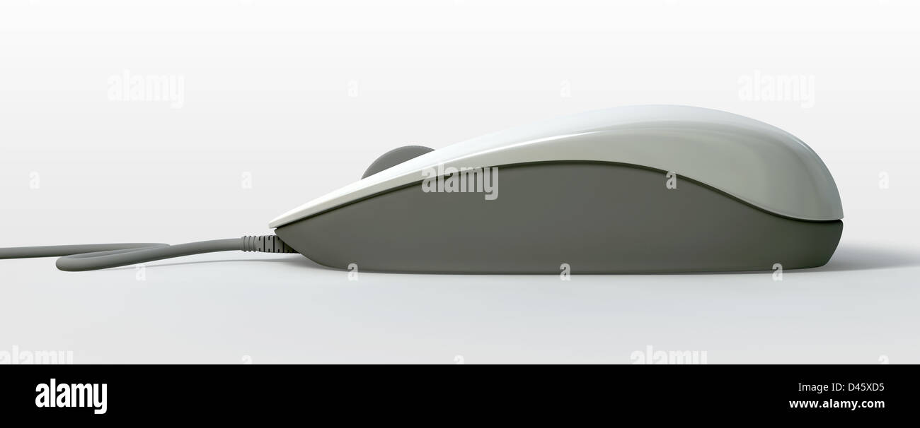 A side view of a white and grey plastic computer mouse with a scolling ...