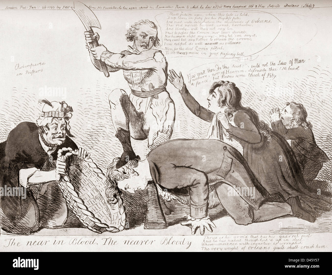 Allegorical cartoon of Equality beheading Louis XVI despite the pleas of Marie Antoinette and the Dauphin. Stock Photo