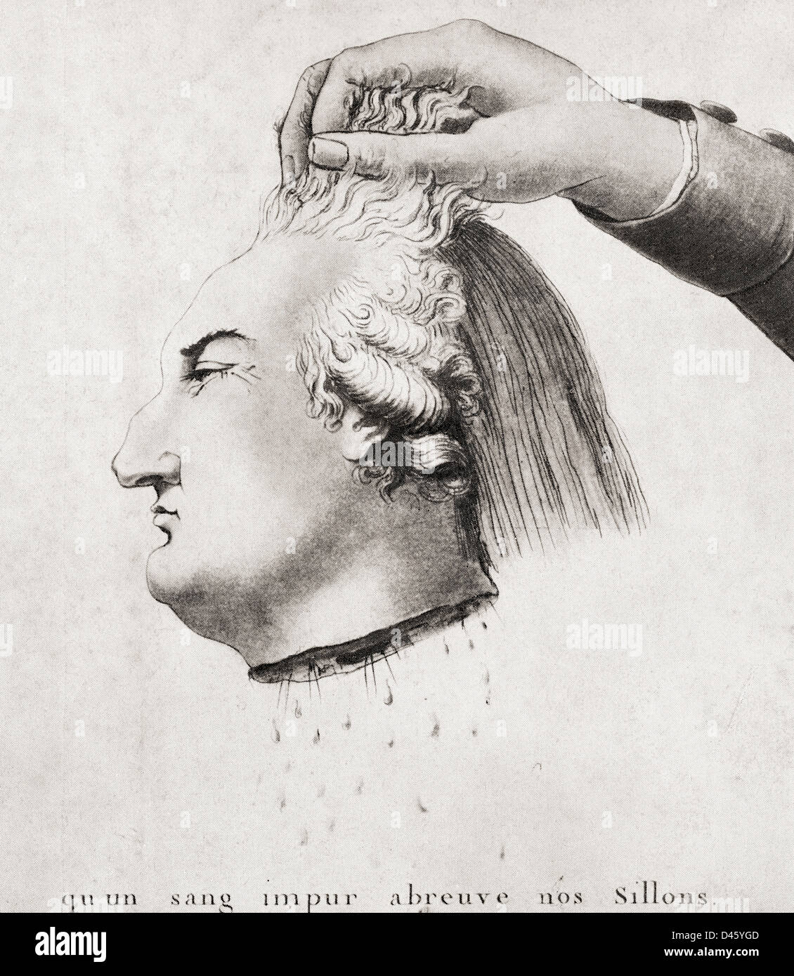 Cartoon from the era of the French Revolution showing a hand holding the decapitated head of Louis XVI. Stock Photo