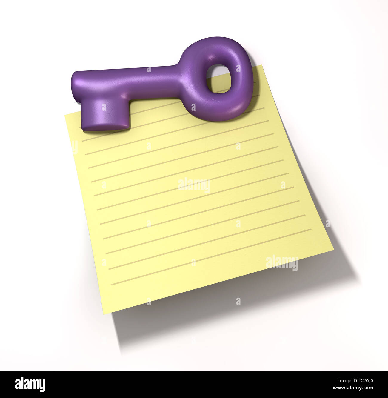 A vintage purple plastic fridge magnet in the shape of a key holding a piece of yellow ruled paper on an isolated background Stock Photo