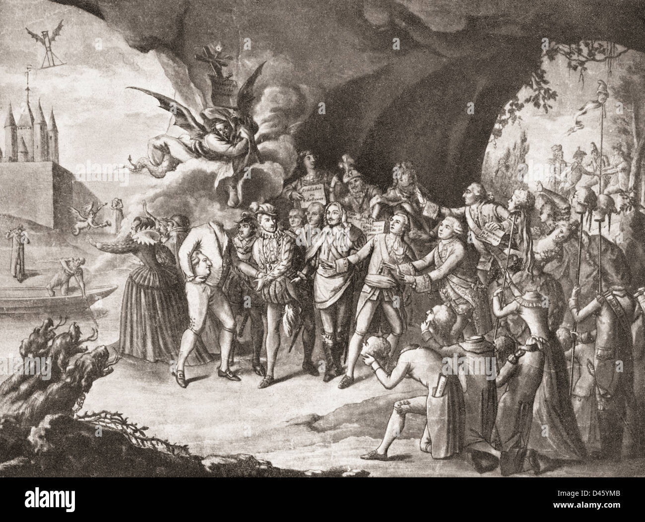 French Revolutionary engraving showing Louis XVI arriving in hell. Stock Photo