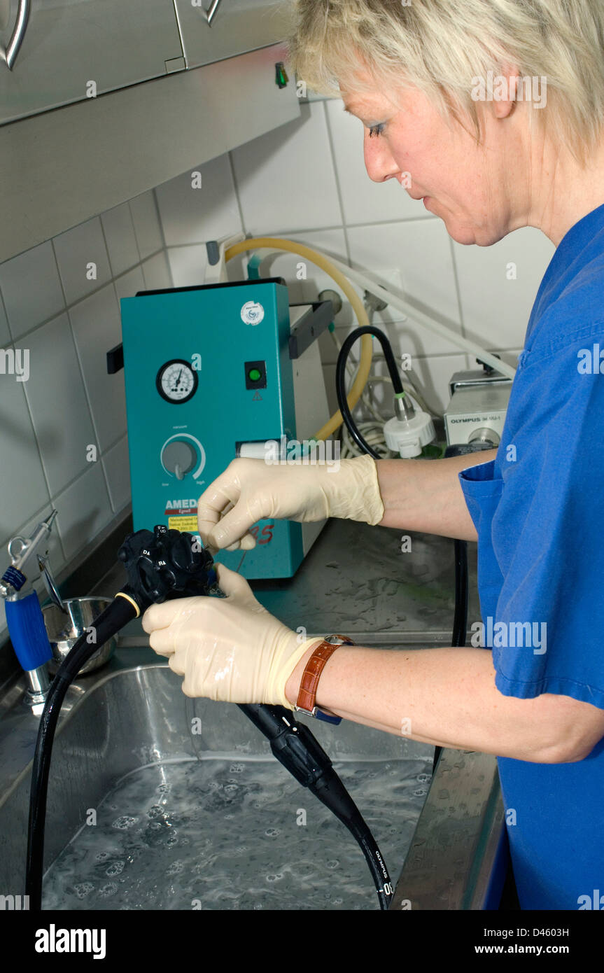 An endoscope being handwashed before cleaning and sterillizing by