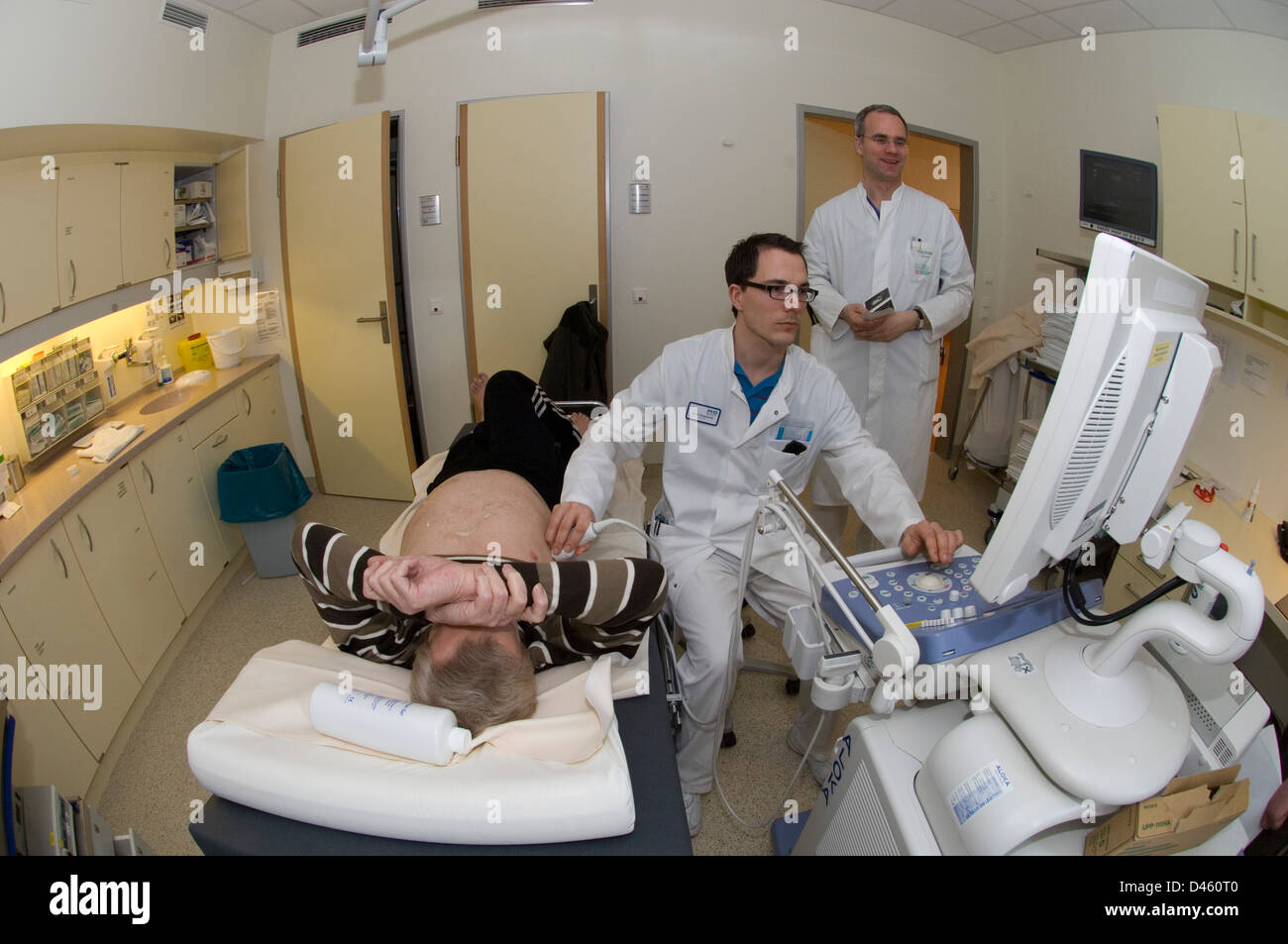 A man undergoing an endoscopic procedure to detect a suspected hernia. Stock Photo