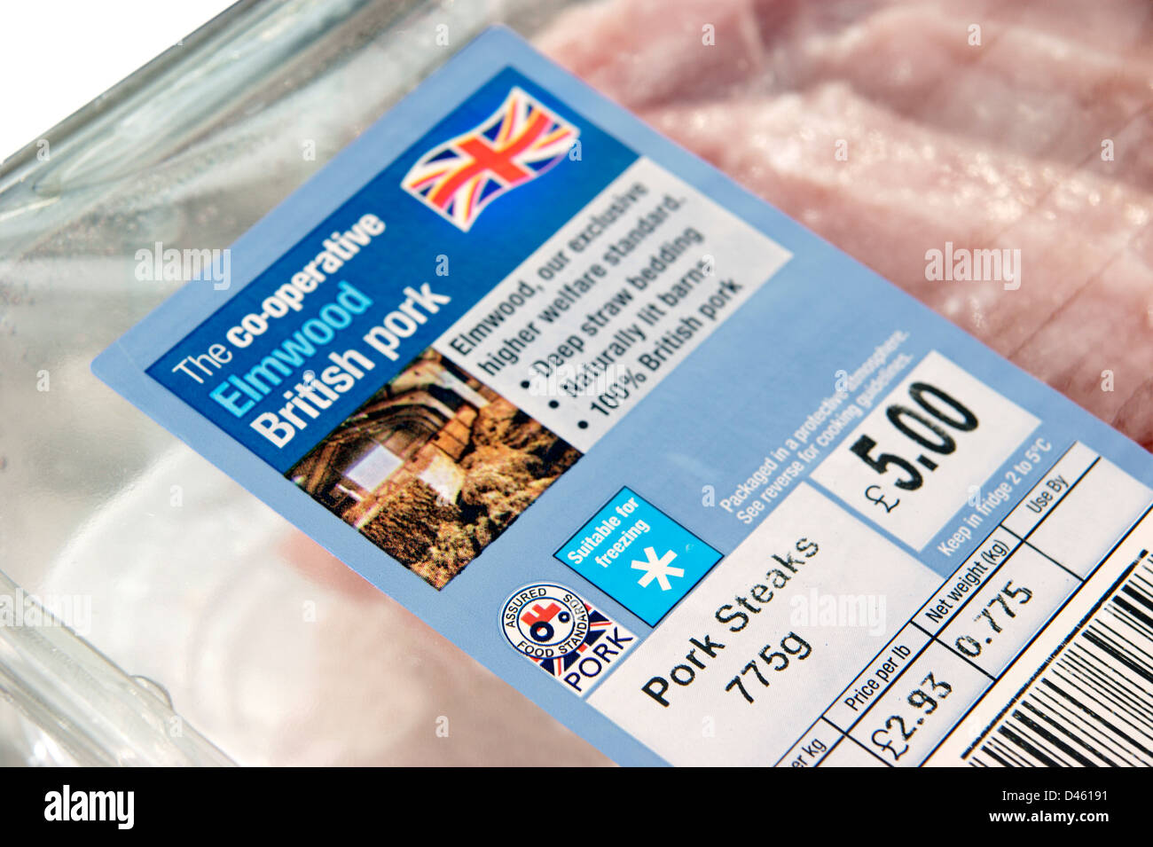 Co-operative Elmwood British Pork steaks / cutlets sourced from high standard farms with signs / logos of British farm standard Stock Photo