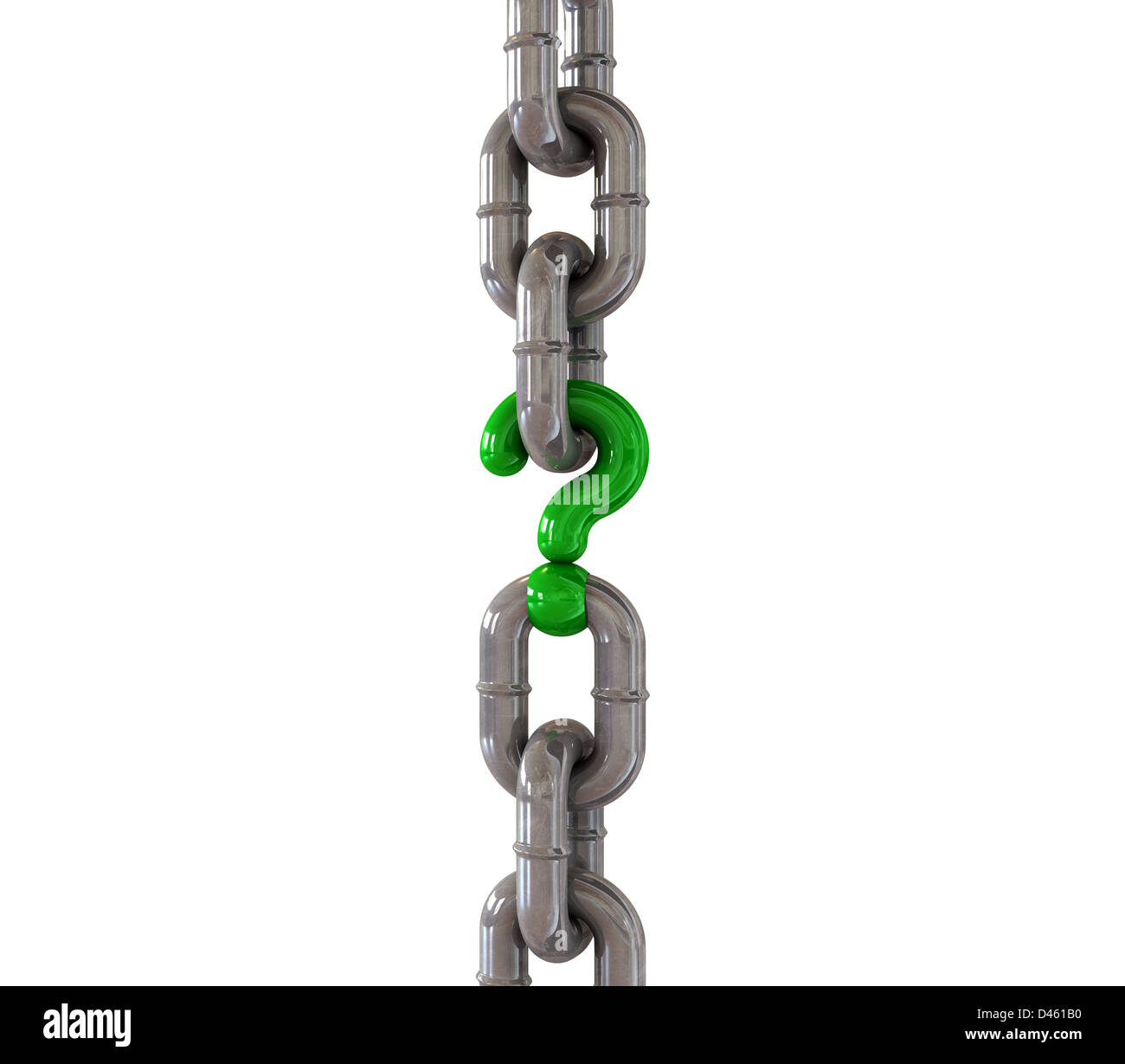 A metal chain with a green question mark as one of its links Stock Photo
