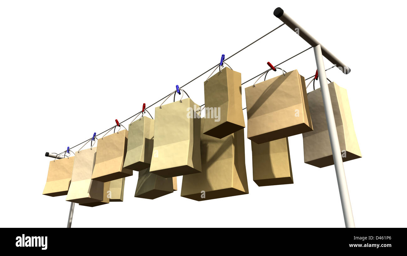 A literal depiction for the saying online shopping, shopping bags hanging on a wash line Stock Photo