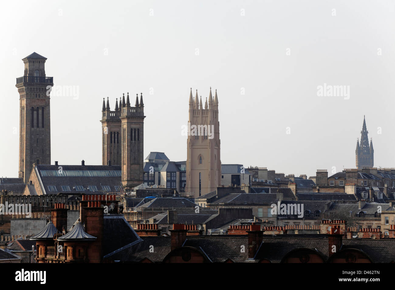The towers of Trinity College (L), Park Church and Glasgow University (R) in Glasgow, Scotland, UK Stock Photo