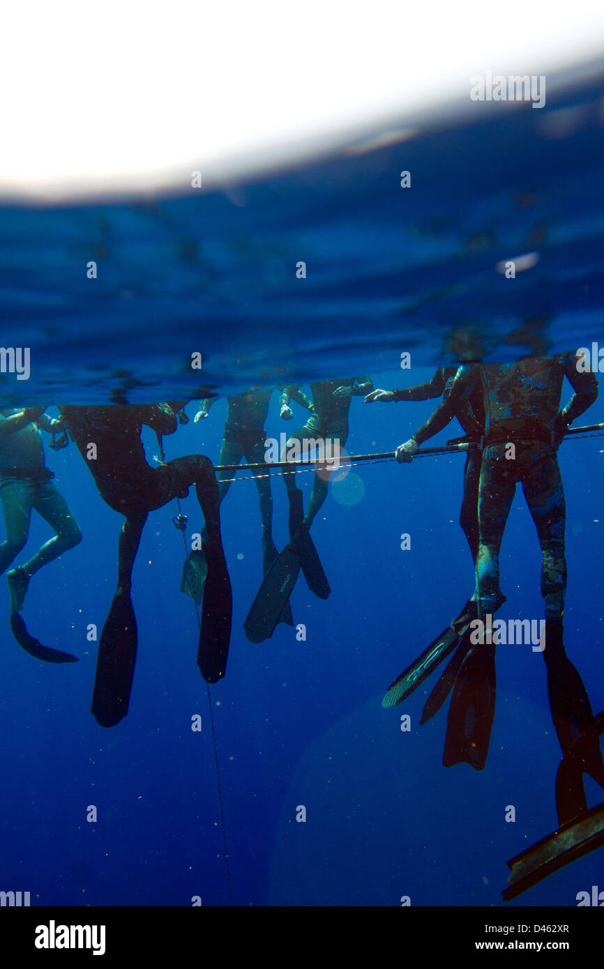 Staff sets up the diving platforms, red safety floats, dive lines, and