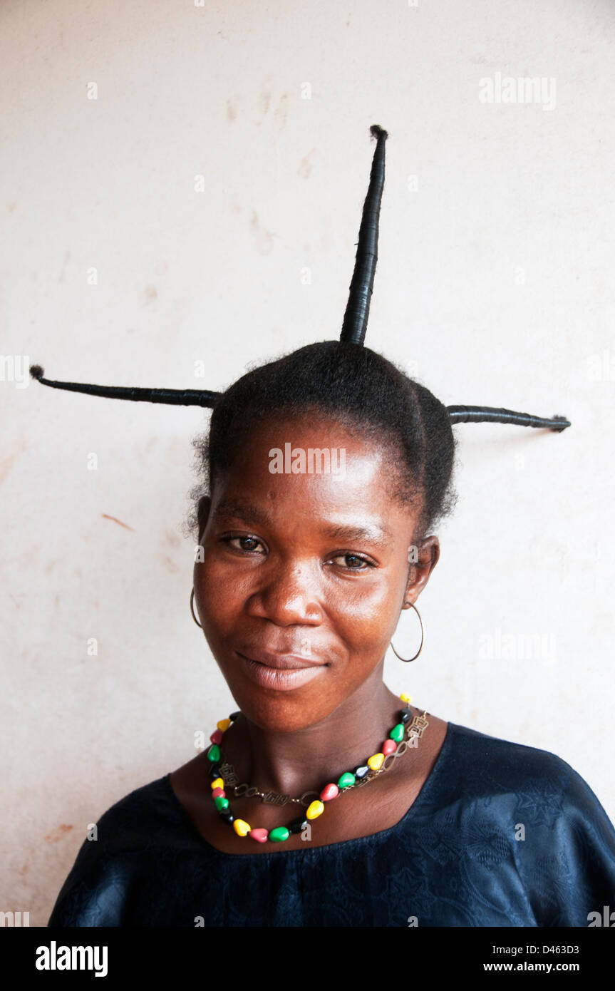 Central African Republic. August 2012. Batalimo for Congolese refugees. A mother with sputnik braids in her hair Stock Photo