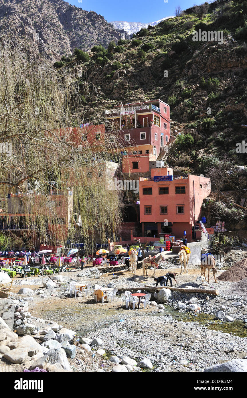 The tourist village of Setti Fatma below the high Atlas Mountains, in the Ourika Valley, Morocco Stock Photo