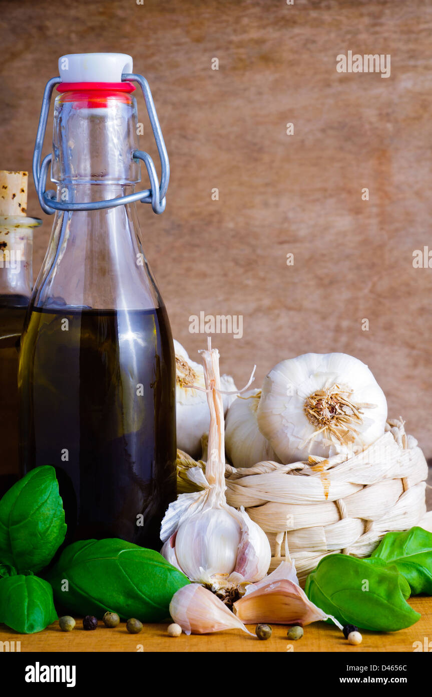 Mediterranean seasoning with olive oil, garlic and basil Stock Photo