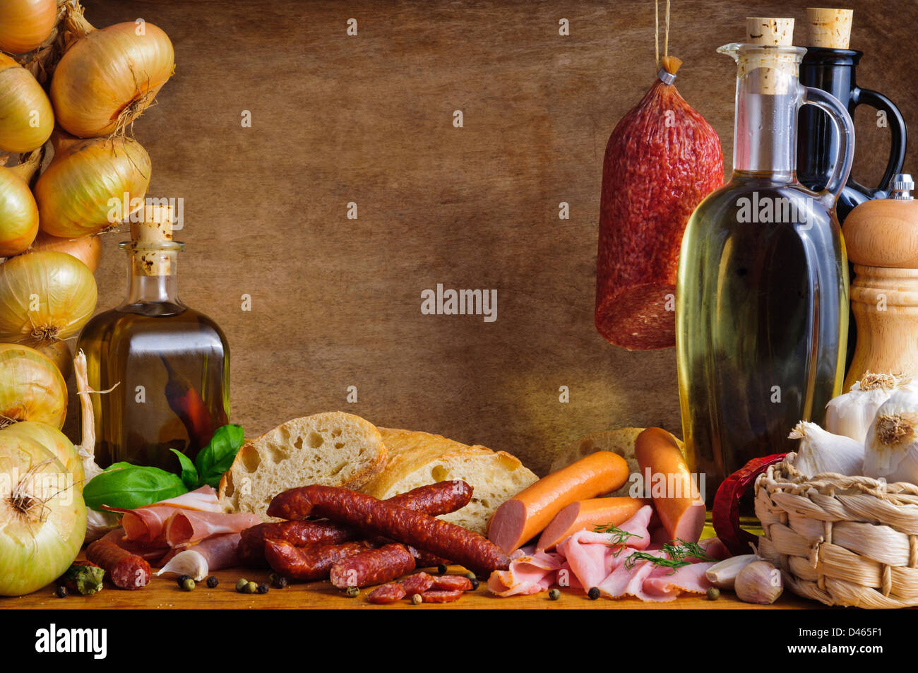 Still life with traditional meat and sausages Stock Photo