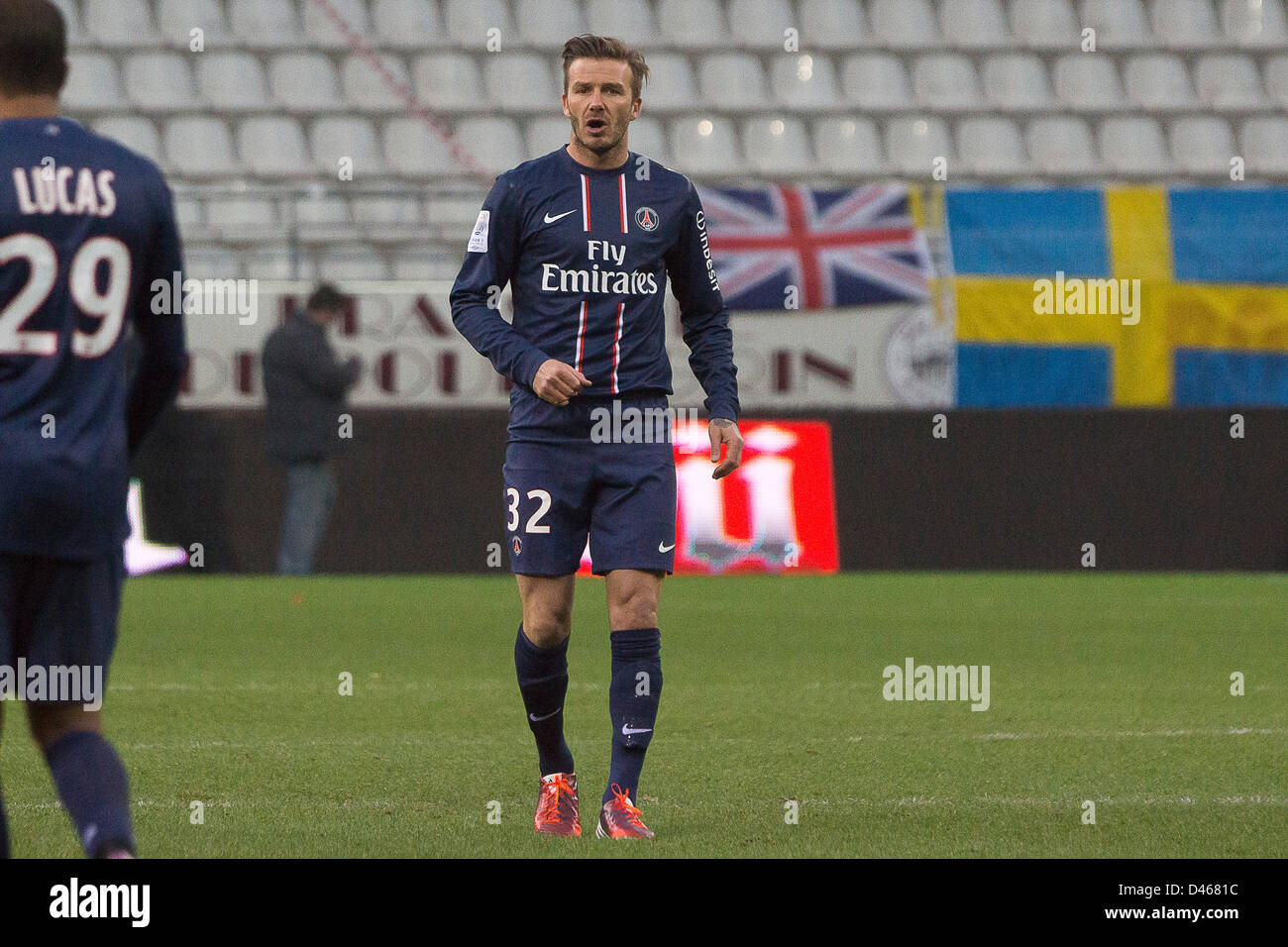 02.03.2013. Reims France.  Ligue 1 football.   Stade de Reims versus Paris Saint Germain FC. Picture shows David Beckham. Stock Photo