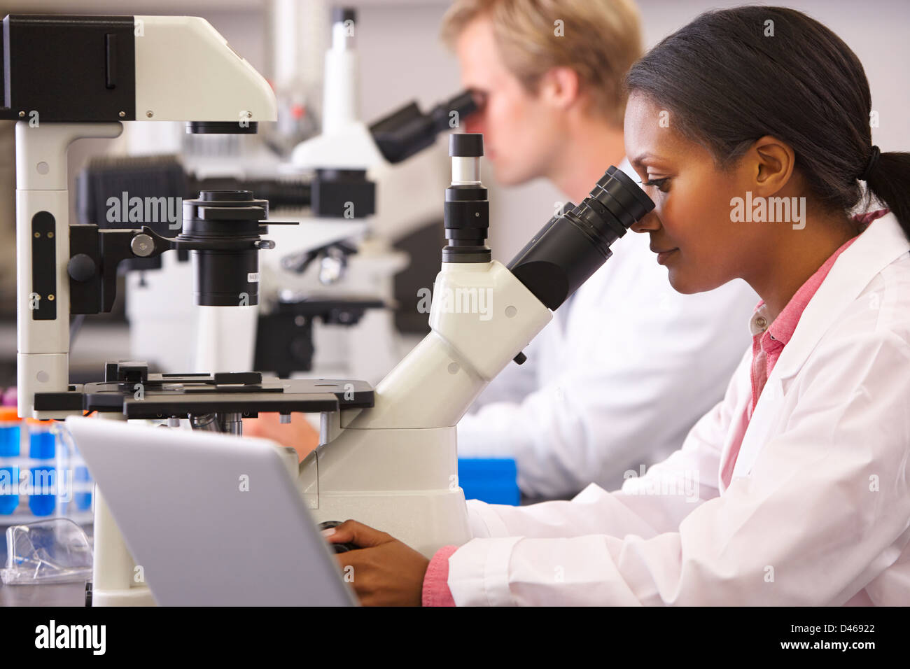 Male And Female Scientists Using Microscopes In Laboratory Stock Photo
