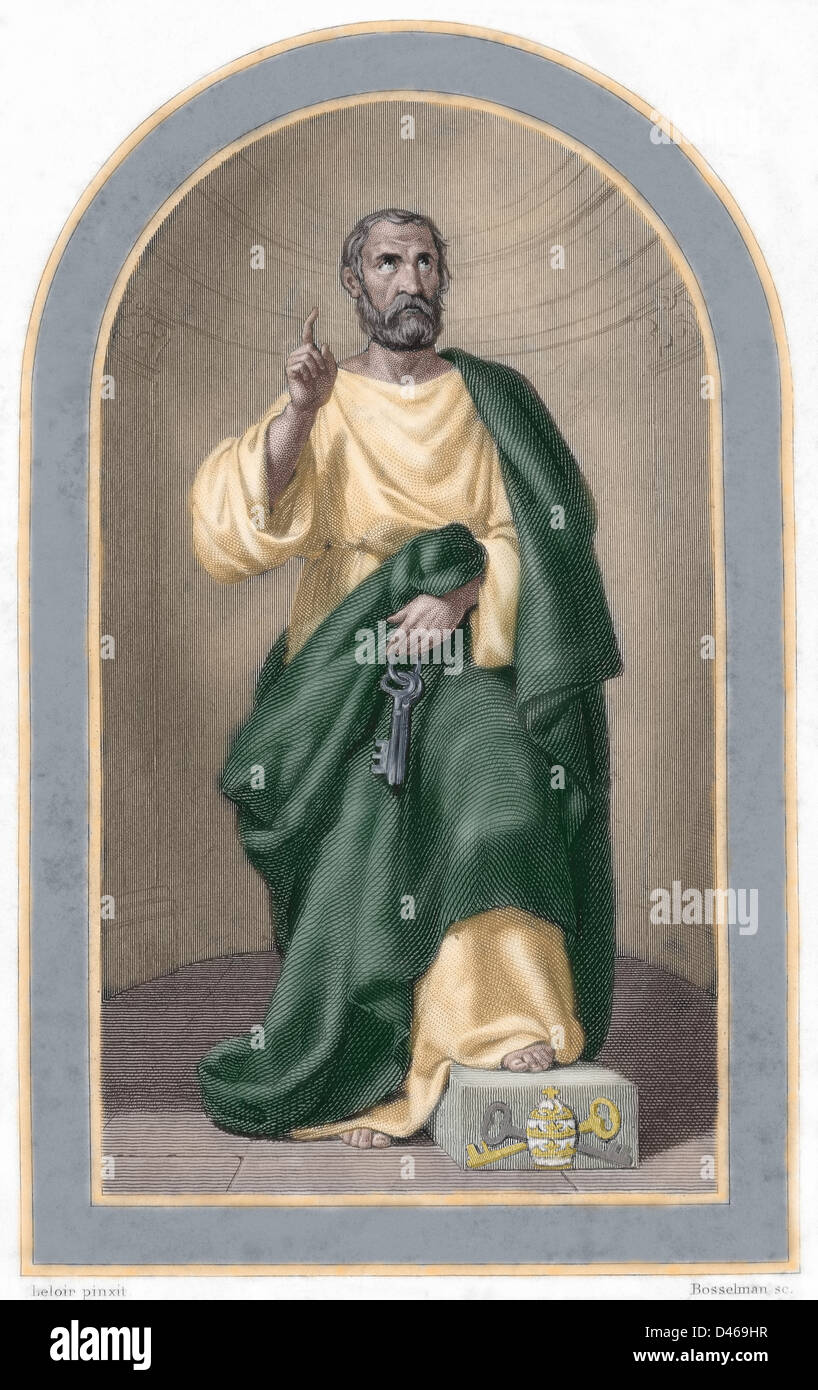 Saint Peter (c. 1 B.C.-67 A.C). Apostle of Jesus Christ and first Pope of the Catholic Church. Colored engraving. Stock Photo