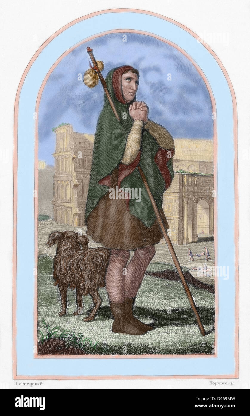 Saint Roch (c.1348-1376/79) (traditionally c.1295-1327). Christian saint. Colored engraving. Stock Photo