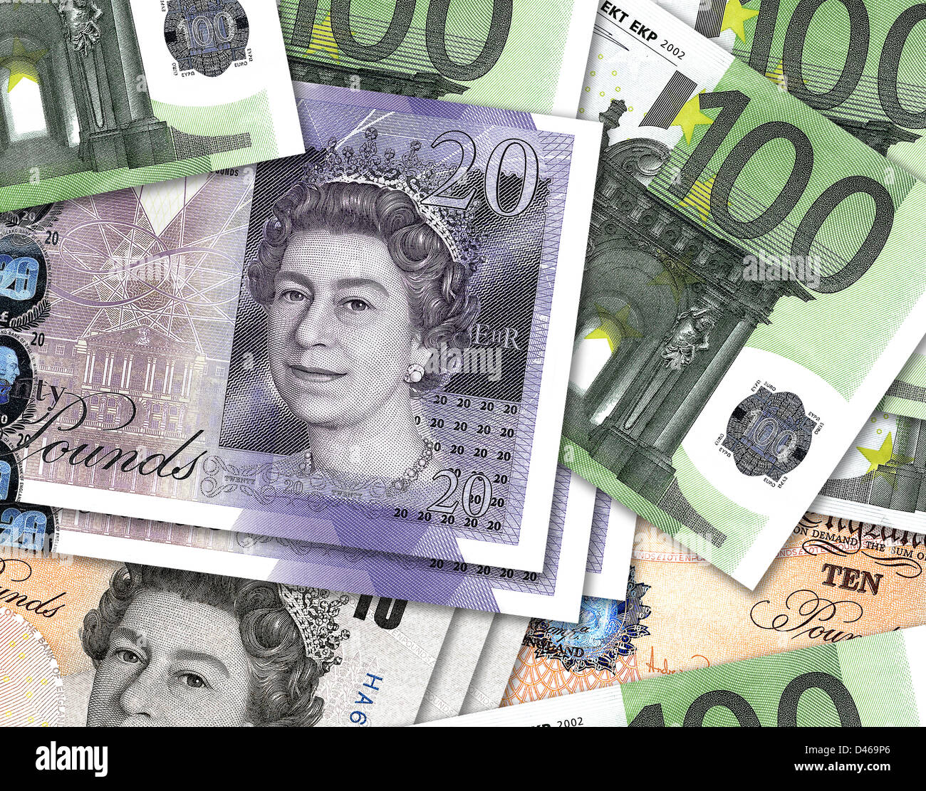 Ten and twenty pound notes overlaping hundred Euro money. £10, £20 & €100 currency bills. Stock Photo