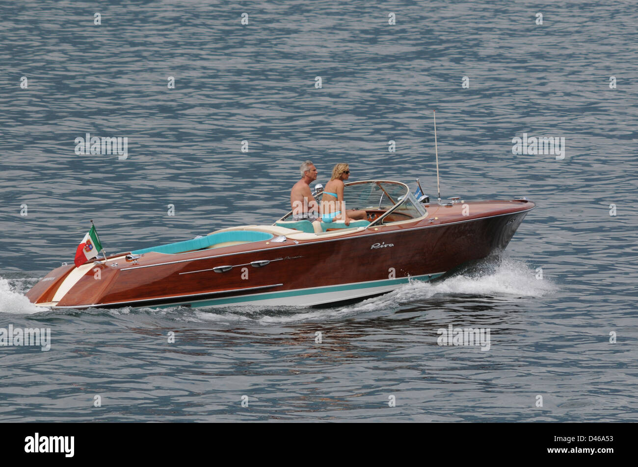 Riva Aquarama, Lake Como, Italian Lakes, Italy, June 2009 Fine Riva Aquarama Motorboat gently cruising across Lake Como Italy. Stock Photo