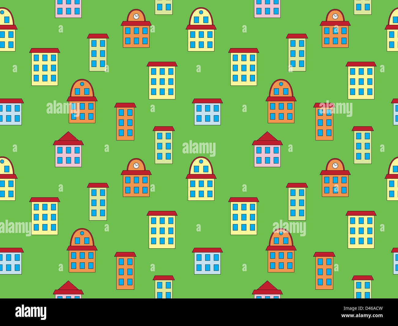 seamless pattern with color buildings over green Stock Photo - Alamy