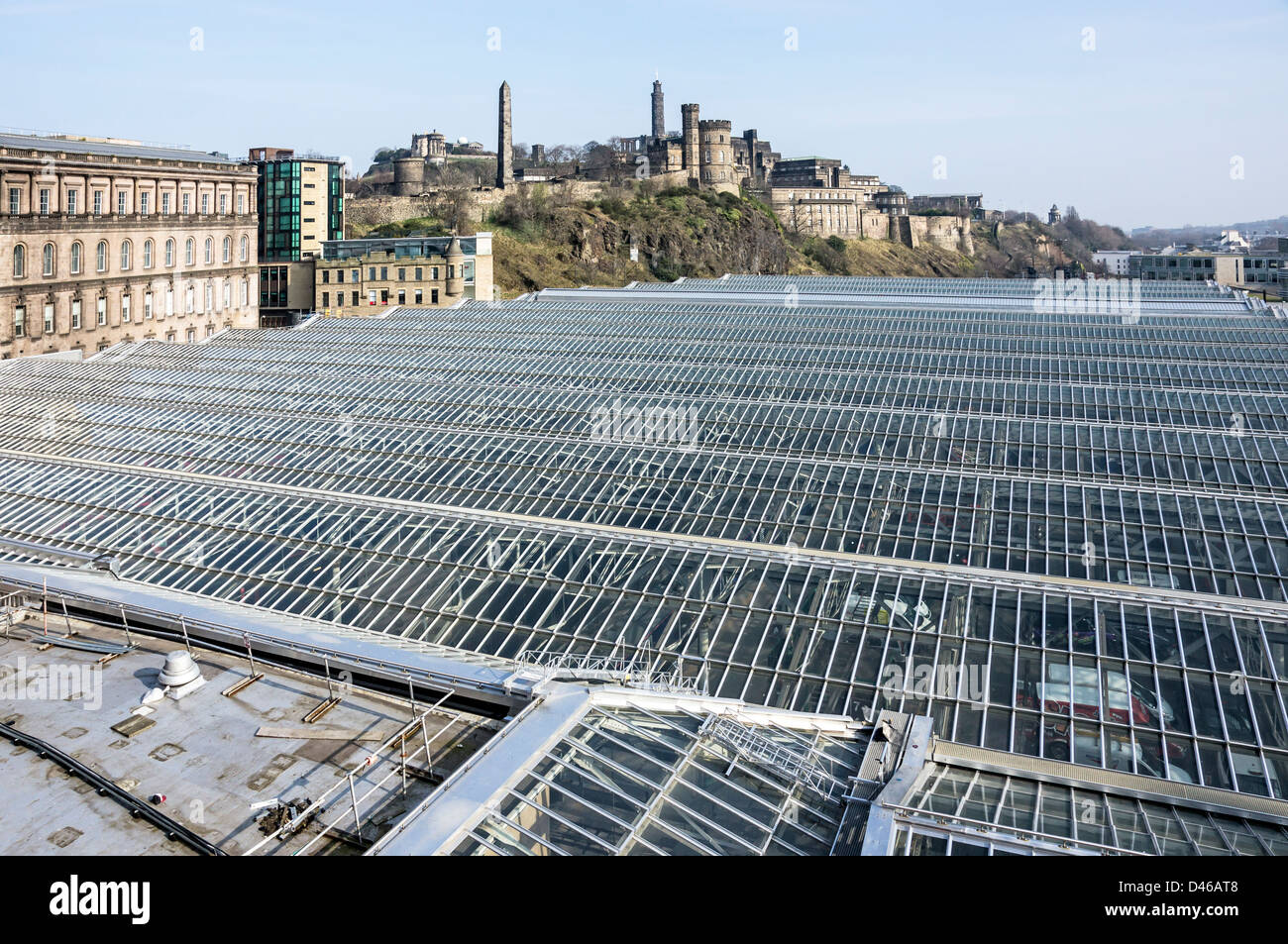 The new roof on Waverley railway station east in Edinburgh Scotland with Calton Hill behind. Stock Photo