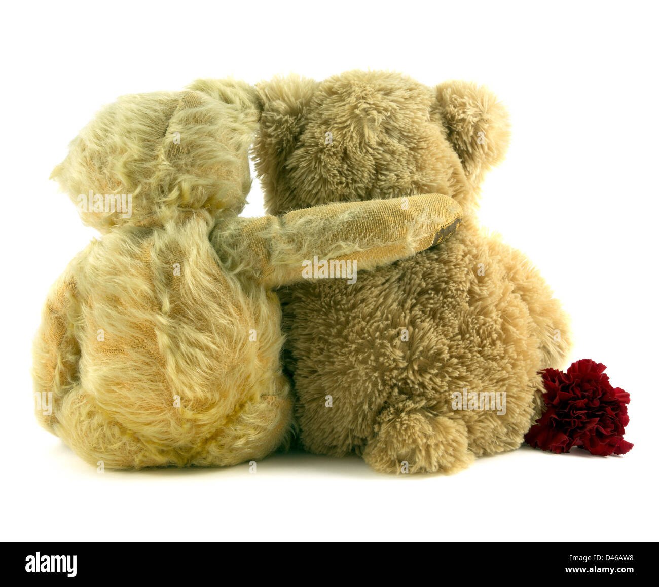 Old teddy sat with arm around younger teddy. Stock Photo
